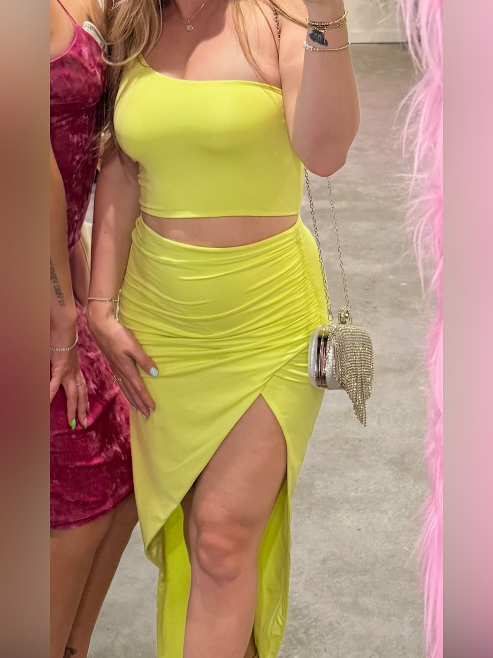 superdown Neon Lime One-Shoulder Crop Top & Ruched Skirt Set - Picture 5 of 5